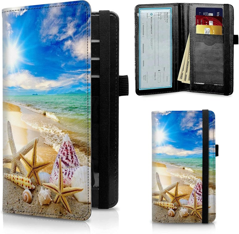 FUYOCWE Leather Checkbook Covers for Men Women Check Book Holder Cover Wallets for Personal Checkbook Duplicate Checks with RFID Blocking & Elastic Strap-Beautiful Beach Seashells - Image 1